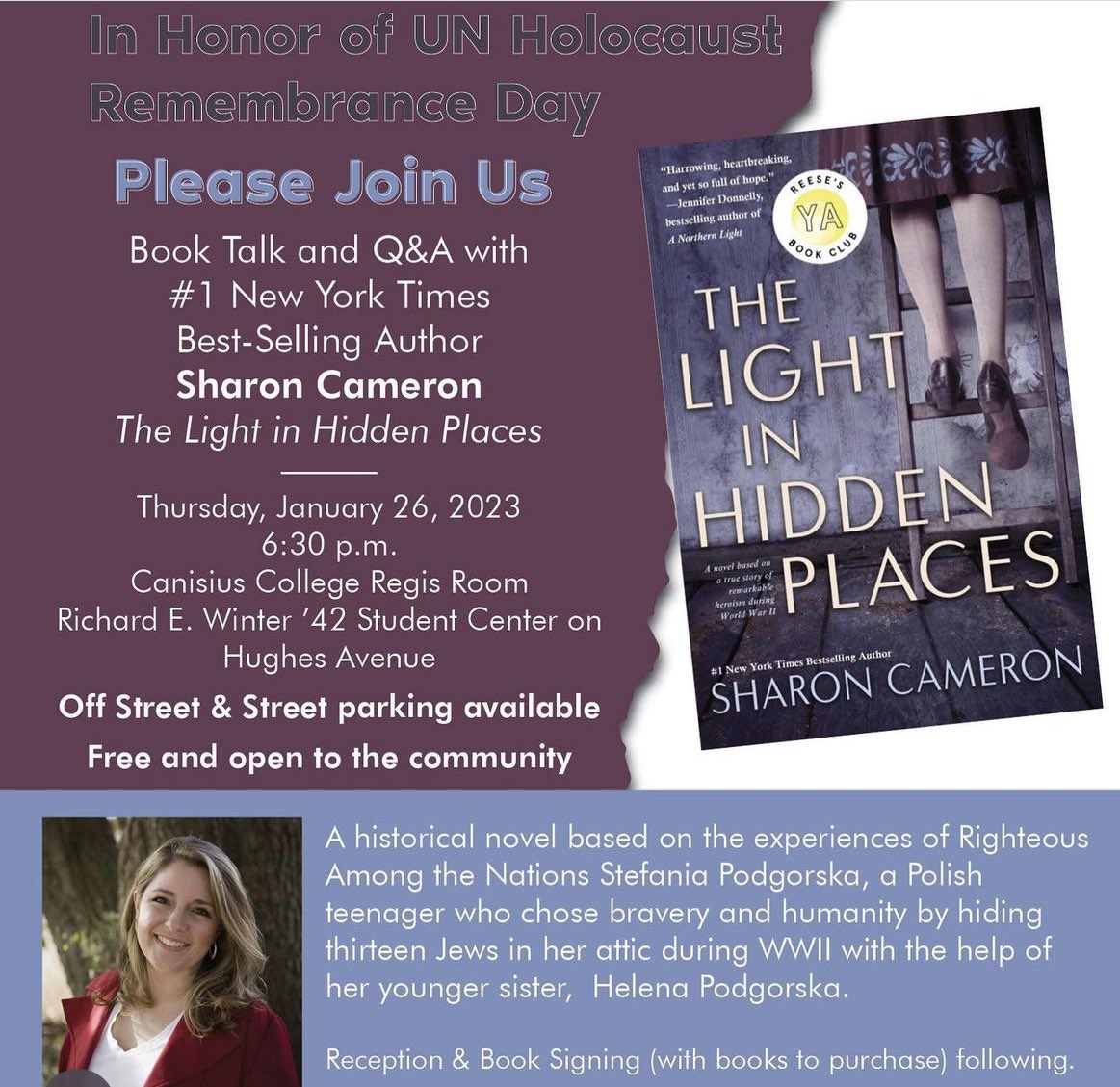 information about Sharon's appearance at Canisius College for UN Holocaust Remembrance Day